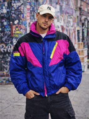 Vintage Obermeyer Colorblock Puffer Jacket Neon Pink Blue Mens L